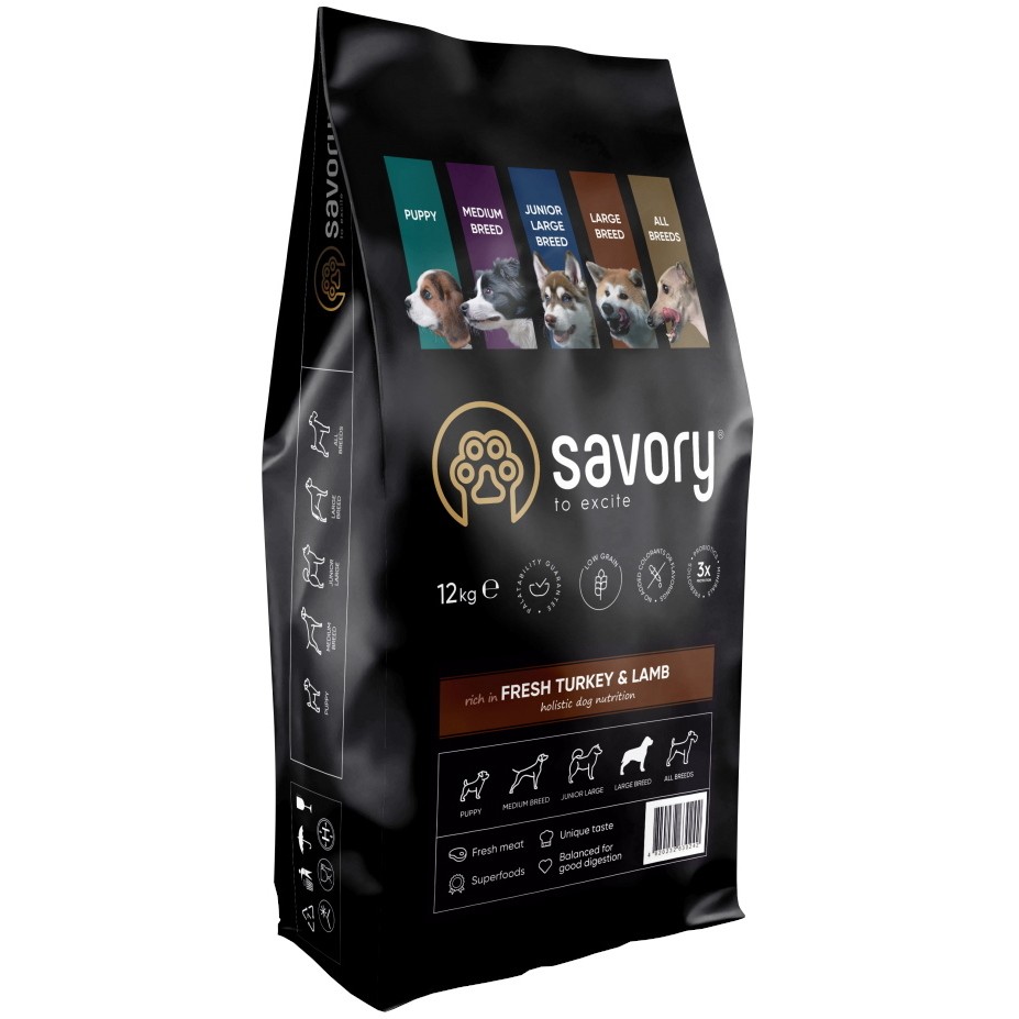 Корм для собак Savory Medium Breed Rich in Fresh Turkey/Lamb 12 kg