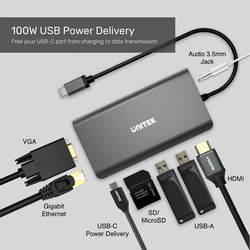 Картридеры и USB-хабы Unitek uHUB O8+ 8-in-1 USB-C Ethernet Hub with Dual Monitor, 100W Power Delivery and Card Reader