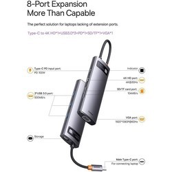 Картридеры и USB-хабы BASEUS Metal Gleam Series 8-in-1 Multifunctional Type-C HUB Docking Station